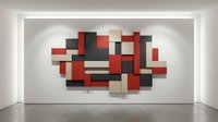 Modern abstract geometric wall sculpture with red black and beige rectangular blocks in contemporary gallery interior for office decor and artistic displays.