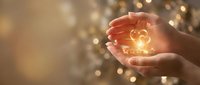 Hands cupping glowing light bulb with bokeh background, representing innovation, ideas, energy solutions, and sustainable technology for business and environmental concepts.