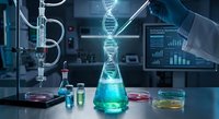 Modern laboratory with glowing DNA helix emerging from flask, scientific research equipment and data analysis charts in background for biotechnology studies.