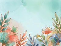 Soft watercolor floral background with gold line art flowers and leaves in coral, teal and blue tones, copy space for text.