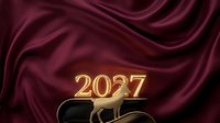 Luxury golden 2027 numerals with elegant deer silhouette on flowing burgundy silk fabric backdrop, suitable for festive greetings and premium event designs.