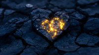 Glowing heart-shaped crack in dark stone ground with golden light emerging through fissures, symbolizing hope, resilience and inner strength.