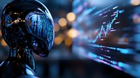 Futuristic robot head with reflective surface observing financial market data charts and graphs on digital display against blurred city lights background.