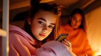 Young woman in pink hoodie using smartphone at night with warm lighting, while friend in orange sweater sits nearby. Social media and digital lifestyle concept.