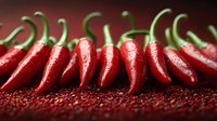 Fresh red chili peppers lined up in row on dark background with water drops, macro food photography showing texture and shine of spicy ingredients.