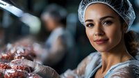 Young female food industry worker in protective cap and gloves preparing meat in commercial kitchen. Professional butcher or chef at work in processing facility.