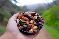 Healthy trail mix with assorted nuts, dried fruits and seeds in black bowl held against natural green background, nutritious snack for hiking and outdoor activities.