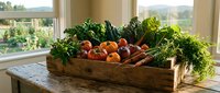 Fresh organic vegetables and fruits in rustic wooden crate on kitchen counter. Healthy farm-to-table produce including leafy greens and tomatoes for cooking.