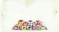 Colorful wrapped gift boxes stacked in pyramid formation on aged cream background, isolated design element for holiday greeting cards, festive invitations, and seasonal marketing materials.