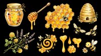 Honey jar with dipper, honeycomb, beehive, bees, and lavender flowers isolated on transparent background. Ready for t-shirt designs, clipart, stickers, print-on-demand products, and sublimation projects.
