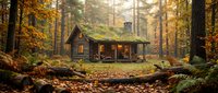 Rustic wooden cabin nestled in autumn forest with golden foliage, moss-covered ground, and tall trees. Ideal for travel, nature, and lifestyle design projects.
