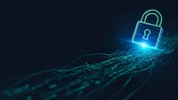 Digital cybersecurity padlock with glowing blue and green neon effects on dark background with flowing data particles for technology concepts.