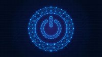Digital power button icon with glowing blue wireframe network connections on dark background for technology and electronics interface design.
