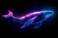 Mystical glowing whale swimming through cosmic space, illuminated by vibrant pink and blue neon lights against dark starry background, creating ethereal underwater atmosphere.