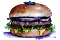 Gourmet burger with sesame seed bun, beef patty, melted cheese, fresh lettuce, tomato slices, and purple onion on white background. Isolated food illustration for menu design, restaurant marketing, and culinary projects.