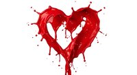 Red liquid heart shape splash with droplets isolated on white background for romantic design projects and Valentine decorations.