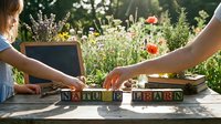 Two people arranging wooden letter blocks spelling NATURE and LEARN on outdoor table with wildflower garden background during golden hour sunlight.