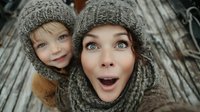 Young Caucasian mother and child wearing matching gray knitted hooded sweaters taking selfie outdoors, expressing surprise and joy in cozy winter clothing.