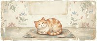 Ginger tabby cat resting on vintage floor with aged floral wallpaper background, watercolor illustration style, suitable for home decor, greeting cards, and nostalgic design projects.