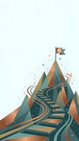 Stylized mountain peak with winding staircase path leading to summit flag, geometric design with earth tones and decorative elements on light background.