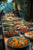 Outdoor buffet table with colorful Mediterranean dishes, fresh vegetables, and appetizers in natural garden setting for catering and dining events.