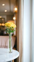 Fresh yellow roses in glass vase on marble table by window with warm bokeh lights creating cozy home interior atmosphere for romantic dining decor.
