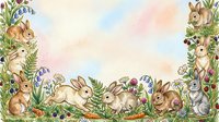 Watercolor rabbits and bunnies border frame with wildflowers, ferns and berries on pastel background for Easter, spring designs and children decor.