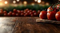 Fresh ripe cherry tomatoes with water drops on rustic wooden board, warm bokeh lights in background, dark moody food photography composition.