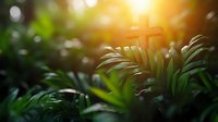 Tropical palm leaves with warm golden sunlight streaming through lush green foliage creating natural bokeh effect for wellness and nature concepts.