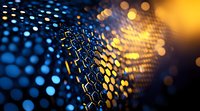 Abstract technology background with hexagonal mesh structure illuminated by blue and golden light creating depth and bokeh effect for digital concepts.
