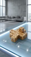 Wooden cubes with business icons arranged on modern glass table in contemporary office space for corporate strategy and planning concepts.