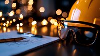 Construction site planning at dusk with safety helmet and protective glasses on blueprints, illuminated by warm bokeh lights creating atmospheric mood.