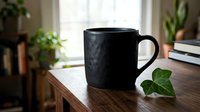 Black ceramic coffee mug with textured pattern on wooden table near window with green plants in cozy home interior for morning beverage concept.