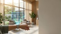 Modern smart home interface hologram projection from wearable device in minimalist living room with natural lighting and contemporary furniture design.