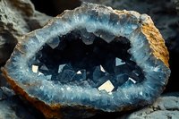 Blue agate crystal geode cross section showing natural crystalline formation with rough outer edges and deep inner cavity lined with translucent minerals.