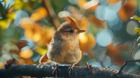 Small brown bird perched on branch against blurred autumn background with golden bokeh lights, soft focus nature photography capturing morning sunlight and seasonal mood.