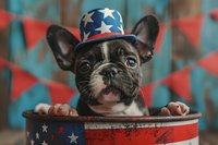 French Bulldog puppy wearing patriotic hat sitting in decorated red white and blue container against festive bunting background, celebrating American holiday.
