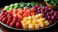 Fresh fruit platter with strawberries, watermelon cubes, cantaloupe chunks, red and green grapes arranged on ceramic plate against dark background.