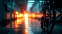 Wheelchair silhouette in dark hospital corridor with dramatic orange lights creating moody atmosphere. Medical facility at night with bokeh effect and lens flare.