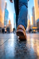 Close-up of brown leather shoe stepping on wet city pavement with blurred urban skyscrapers in background, capturing dynamic walking motion at street level.
