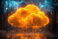 Glowing orange digital cloud with circuit patterns against dark cityscape background, representing cloud computing and data technology concept.