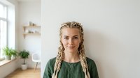 Young woman with blonde braided hair wearing green shirt in bright minimalist interior with potted plant and window.
