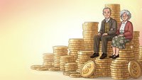 Senior couple sitting on stacks of golden coins representing retirement savings, pension planning and financial security for elderly people.