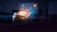 Businessman hand holding futuristic holographic display with space exploration icons including rockets, planets, satellites and astronaut symbols.