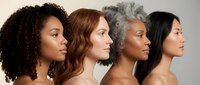Four diverse women in profile showcasing different hair textures and ethnicities representing beauty, skincare and multicultural concepts for advertising.