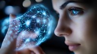 Young caucasian woman with blue eyes looking at glowing holographic crystal with magical sparkles and constellation patterns floating in dark space.
