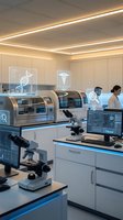 Modern medical laboratory with advanced equipment, microscopes and holographic displays for scientific research and healthcare innovation.