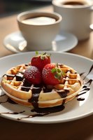 Fresh Belgian waffle topped with ripe strawberries and drizzled chocolate sauce on white plate, served with coffee cups in soft morning light.