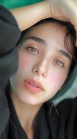 Close-up portrait of young Asian woman with natural makeup, rosy cheeks, and amber eyes wearing black clothing against turquoise background. Soft beauty lighting.