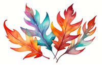 Vibrant watercolor oak leaves in autumn colors of orange, red and turquoise arranged in artistic composition on white background, isolated botanical illustration.